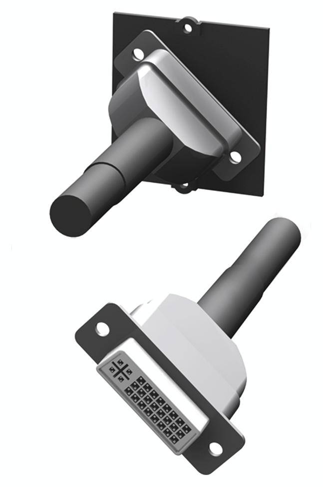 Deux représentations d'un connecteur DVI : En haut, vue extérieure avec vis de montage, en bas, avec les broches de contact visibles.