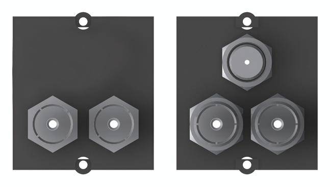 Une plaque technique avec quatre connecteurs hexagonaux. À gauche, deux connecteurs, à droite, trois connecteurs disposés symétriquement.