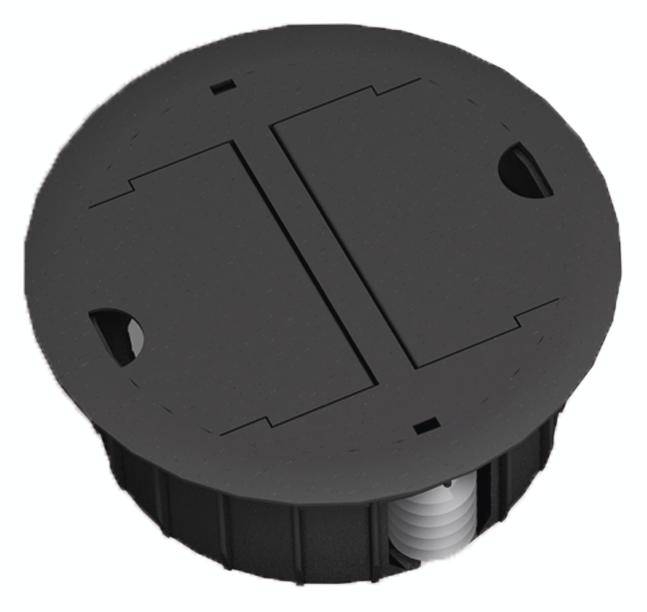 Boîte de sol ronde noire avec couvercle rabattable et sortie de câble, adaptée aux installations électriques dans les sols.