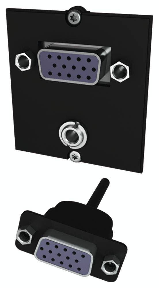 'Plaque murale VGA avec prise VGA et prise audio jack 3,5 mm ; illustrée avec le connecteur VGA correspondant.'