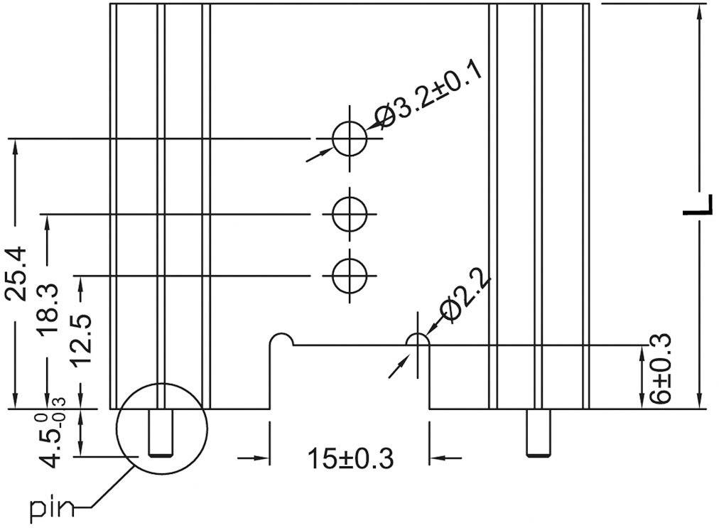 Dessin technique d'un composant avec cotations : Hauteur 25,4 mm, largeur 15 mm, trois perçages Ø3,2, Ø2,2 et Ø6 mm, position de la broche marquée.