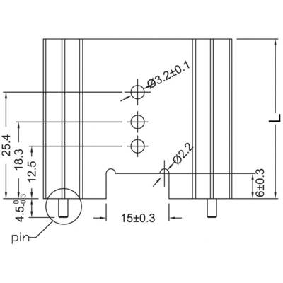 Dessin technique d'un composant avec cotations : Hauteur 25,4 mm, largeur 15 mm, trois perçages Ø3,2, Ø2,2 et Ø6 mm, position de la broche marquée.
