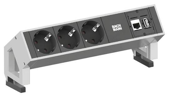 'Bloc multiprises triple avec port USB et port réseau de Bachmann, monté sur un petit support de table.'