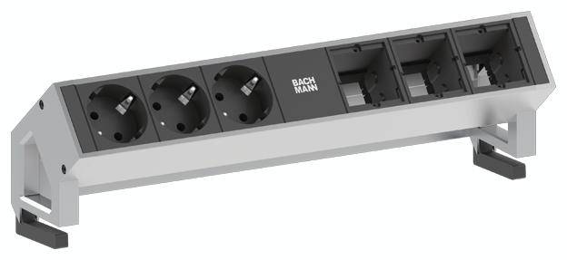 'Bloc multiprises noir et argenté avec trois prises électriques et trois interrupteurs vides ; adapté aux bureaux et tables d'ordinateur.'