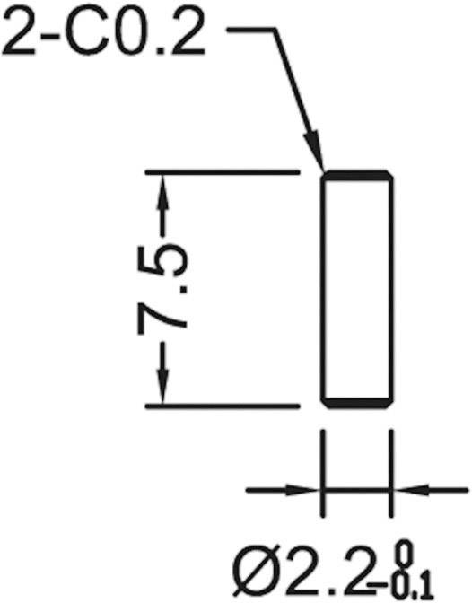 Dessin technique d'un cylindre. Hauteur 7,5, diamètre 2,2±0,1. En haut à gauche : 2-C0.2. Symboles de diagramme et dimensions indiqués.