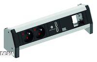 Un multiprise moderne avec deux prises électriques, un port USB et un port réseau, monté dans un boîtier en aluminium.