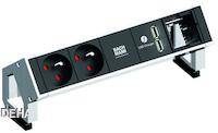 Une barrette multiprises noire avec deux prises électriques, deux ports USB et un port de données.