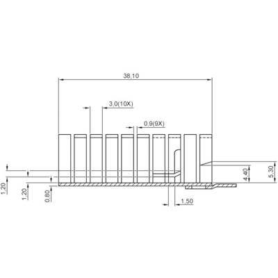 Dessin technique d'un connecteur avec dimensions. Dimensions principales : longueur de 38,10 mm et hauteur de 5,30 mm, illustrant la disposition des broches et leur profondeur.