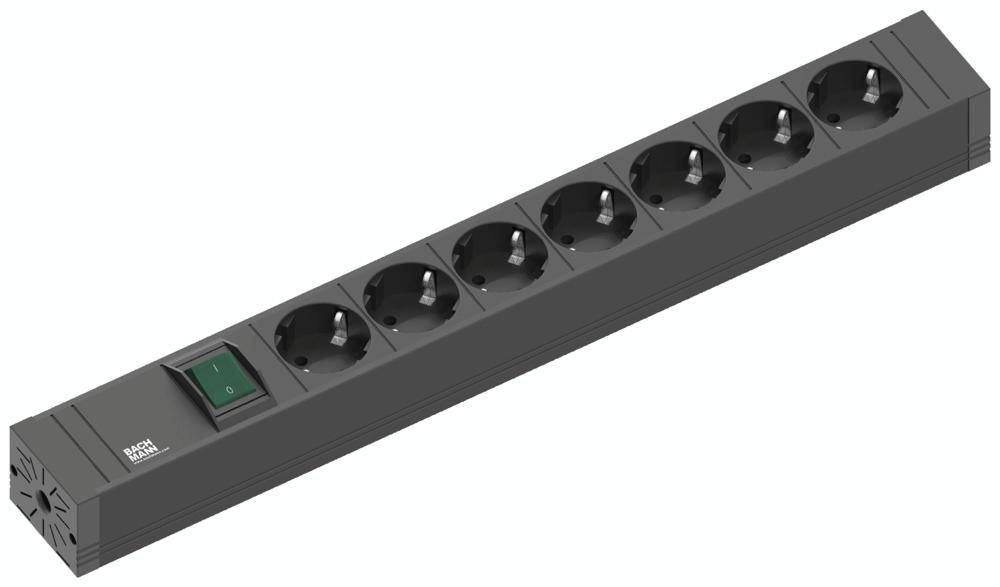 Une barrette multiprises noire avec sept prises et un interrupteur marche/arrêt vert. Elle est adaptée pour connecter plusieurs appareils.