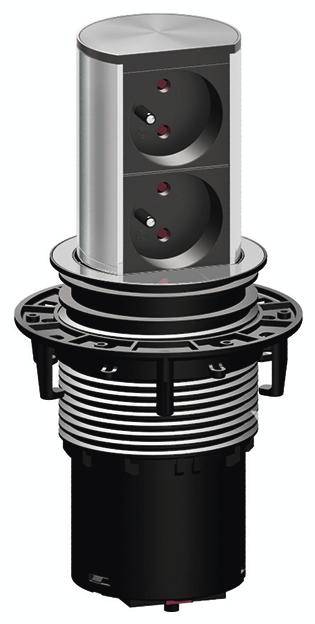 Prise électrique escamotable à deux emplacements, de forme cylindrique, avec boîtier métallique brillant, pour montage sur plan de travail.