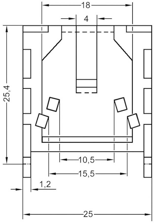 Dessin technique d'un composant avec dimensions en millimètres : largeur 25, hauteur 25,4, évidement central de 10,5 mm de large, distances de perçage indiquées.