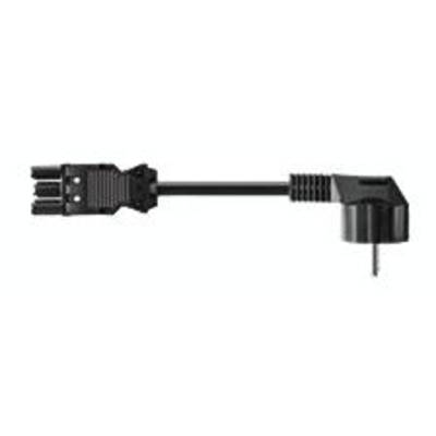 Un adaptateur secteur noir avec une fiche coudée à angle droit et une connexion à trois broches, adapté à certains appareils électroniques.