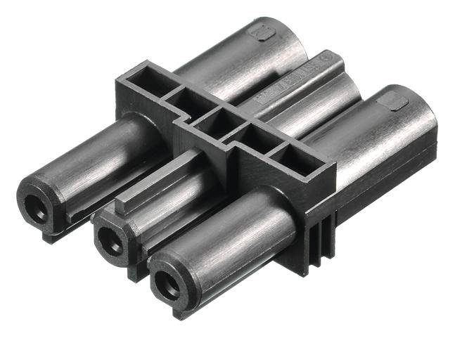 Connecteur noir tripolaire en plastique, vu de dessus, avec des formes géométriques et des bornes de connexion rondes.