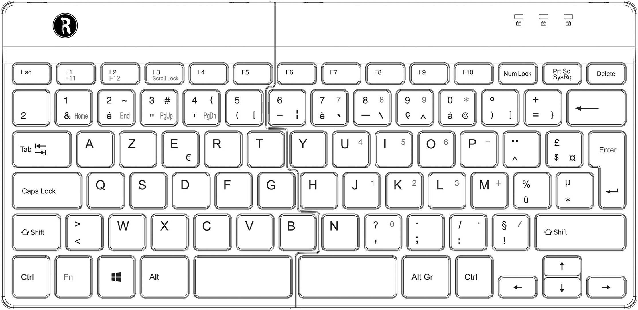 Illustration d'un clavier AZERTY français blanc avec une disposition complète des touches, y compris les touches de fonction et le pavé numérique.