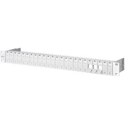 Panneau de brassage avec 24 ports, numérotés de 1 à 24. Gris, montable.