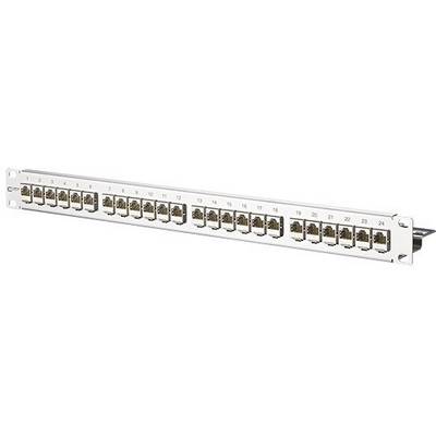 Panneau de brassage avec 24 ports RJ45, numérotés de 1 à 24, utilisé pour le câblage réseau dans une armoire serveur.
