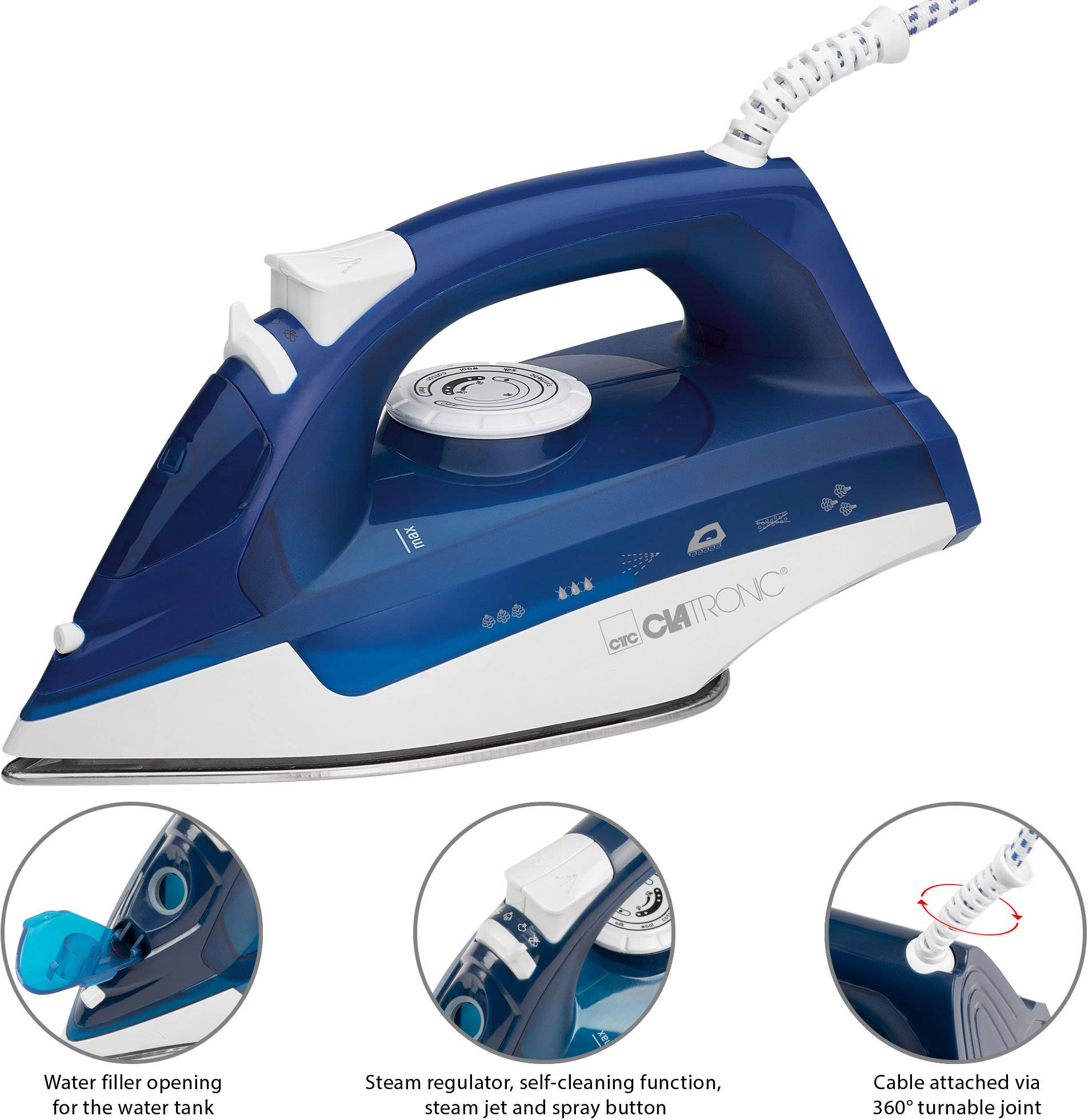 Un fer à repasser vapeur bleu avec une ouverture de remplissage d'eau, un régulateur de vapeur, une fonction d'auto-nettoyage et un cordon pivotant à 360 degrés.