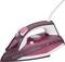 Un fer à repasser électrique à vapeur en rouge et blanc, d'une puissance de 2600 W, est posé verticalement. Il dispose d'un embout à température réglable.