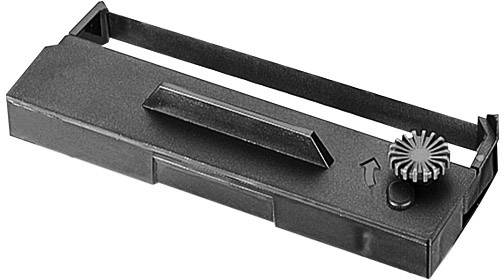 Une bande d'encre noire de forme rectangulaire avec une roue dentée sur le côté droit, adaptée aux imprimantes matricielles.