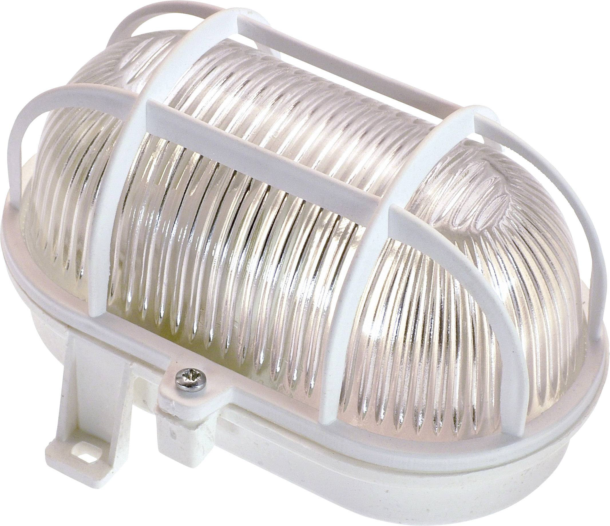 Luminaire extérieur avec grille blanche, adapté pour une installation murale ou au plafond, à l'intérieur comme à l'extérieur.