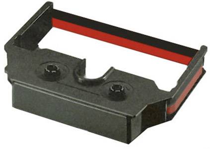 Ruban encreur noir avec une bande rouge sur le bord supérieur, typiquement utilisé pour machines à écrire ou imprimantes à aiguilles.