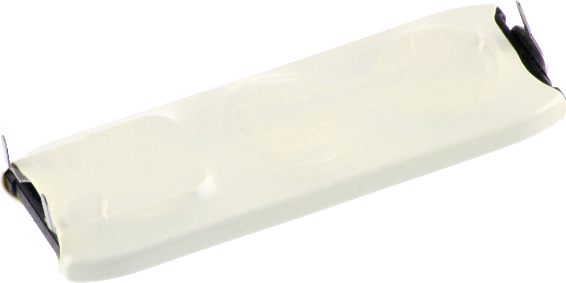 Objet rectangulaire blanc, probablement un composant technique, placé devant un arrière-plan neutre.