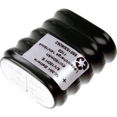 Une batterie noire ondulée avec une étiquette blanche affichant des spécifications techniques et le symbole de recyclage.