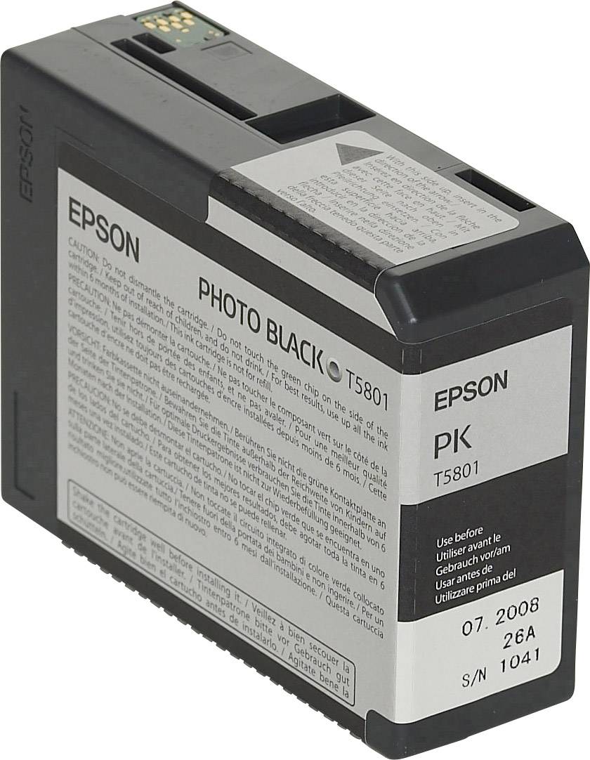 Cartouche d'encre Epson T5801 en noir pour imprimante, avec numéro de série 1041, accompagnée de mises en garde et d'informations sur l'emballage.