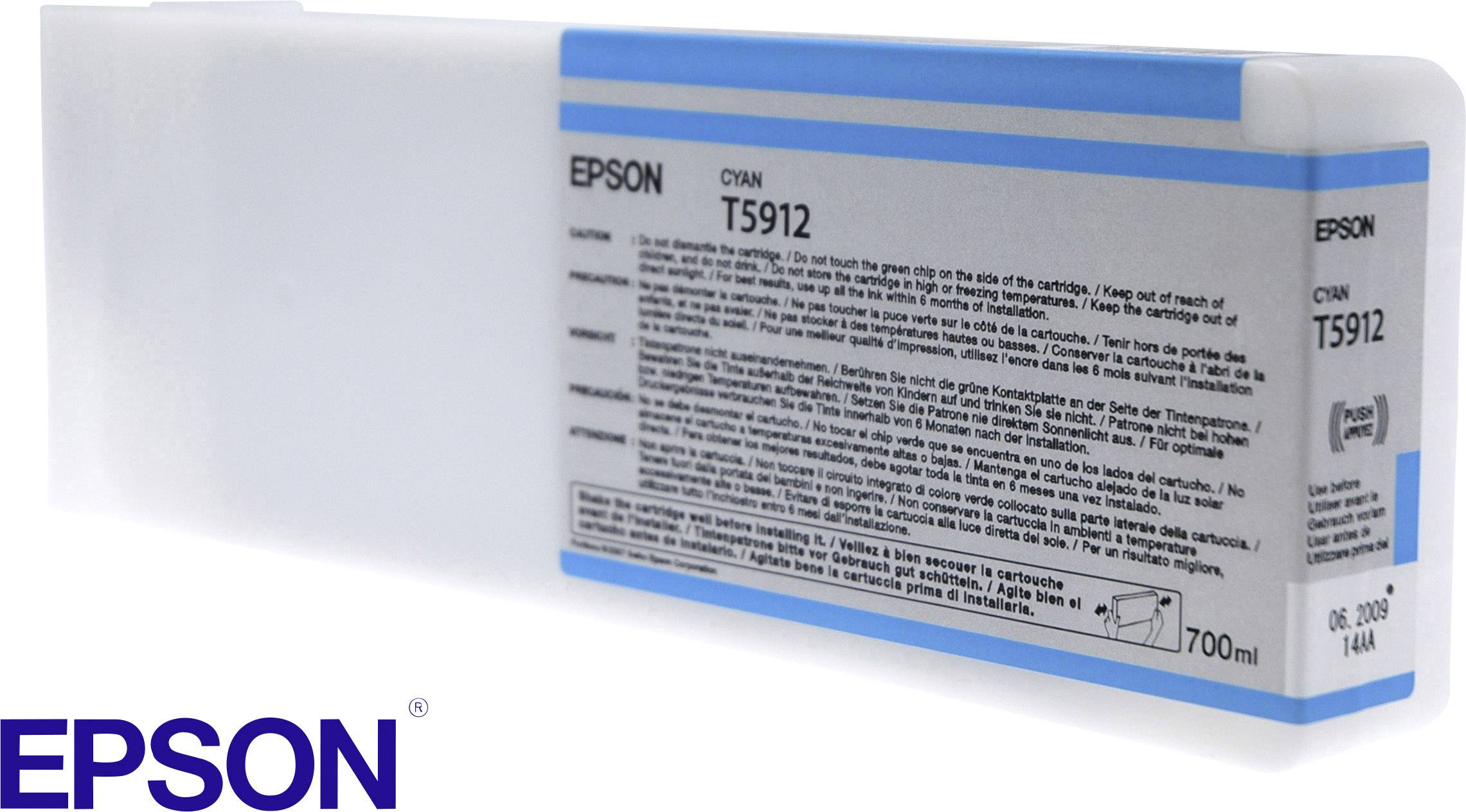 Une cartouche d'encre Epson T5912 blanche pour encre cyan, de 700 ml, sur une surface blanche.