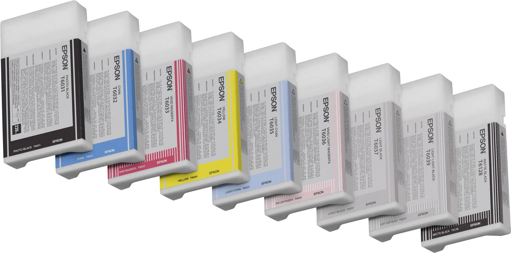 Huit cartouches d'encre de différentes couleurs (noir, bleu, rouge, jaune) pour imprimantes Epson, disposées côte à côte.