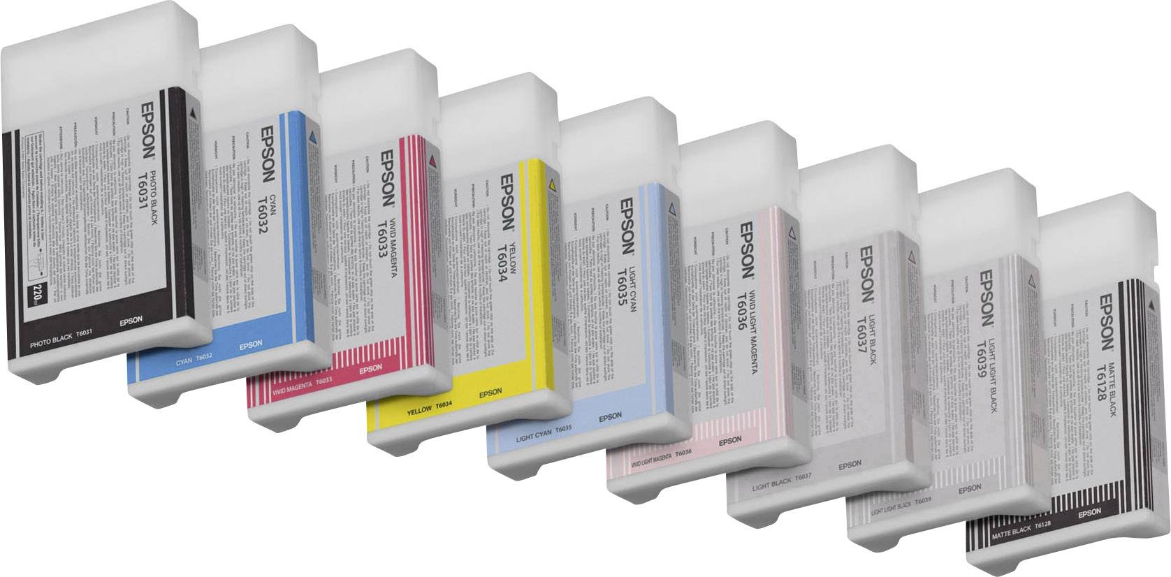 Huit cartouches d'encre Epson de différentes couleurs (Noir, Cyan, Magenta, Jaune), alignées et légèrement inclinées vers l'arrière.