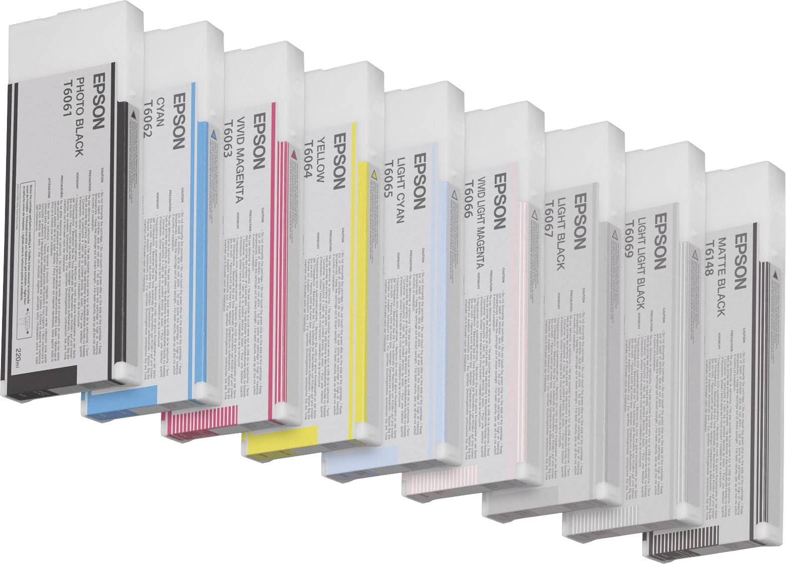 Plusieurs cartouches d'imprimante Epson de différentes couleurs, disposées en rangée.