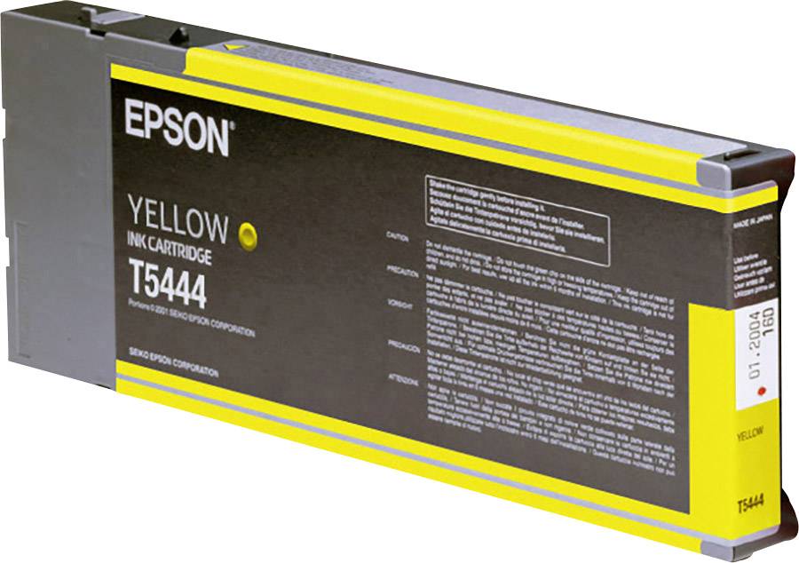 Cartouche d'encre Epson T5444 jaune dans un emballage rectangulaire, avec texte imprimé concernant les spécifications et la compatibilité.