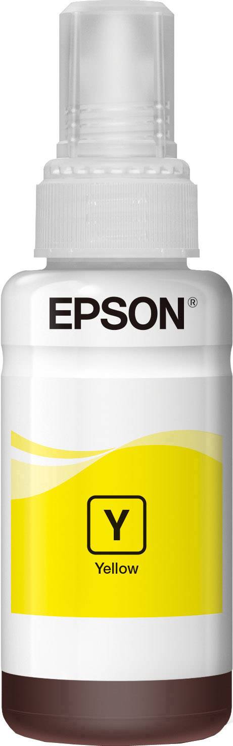Une bouteille d'encre jaune Epson, debout, avec un bouchon blanc. La bouteille affiche le logo Epson et le mot 'Yellow' en caractères noirs.