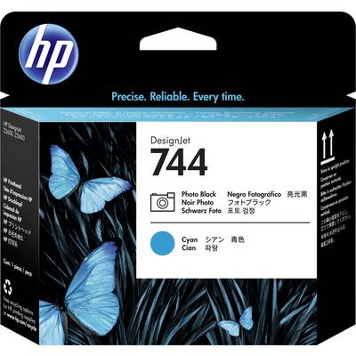 Emballage d'une cartouche d'encre HP 744 Cyan. Des papillons bleus sont représentés sur un fond sombre. Texte : « Précis. Fiable. À chaque fois. »