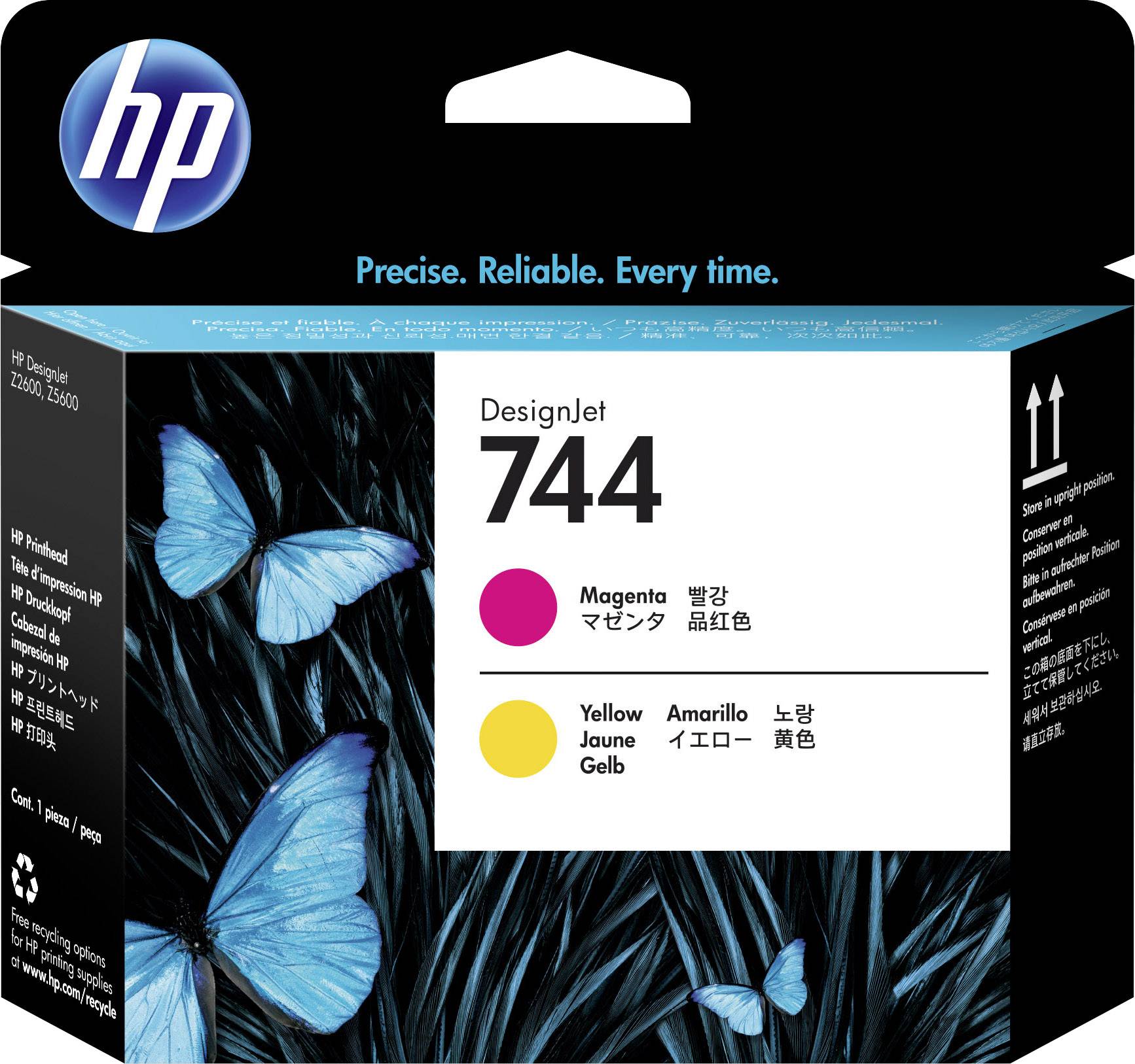Cartouche d'encre HP DesignJet 744 en Magenta et Jaune. L'emballage présente des papillons bleus sur un fond noir.