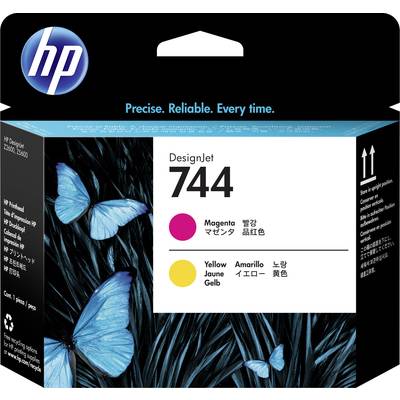Cartouche d'encre HP DesignJet 744 en Magenta et Jaune. L'emballage présente des papillons bleus sur un fond noir.