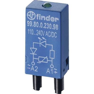Bloc de relais Finder avec spécifications '99.80.0.230.98', plage de tension '110...240V CA/CC', indication par LED verte.