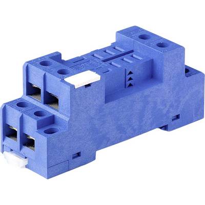 Bloc électrique bleu avec connexions enfichables et clips de montage, utilisé pour la fixation de composants électroniques sur des rails DIN.