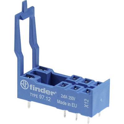 Support relais bleu 'Finder TYPE 97.12', 2x8A 250V, Fabriqué dans l'UE avec huit emplacements et pince de fixation intégrée.