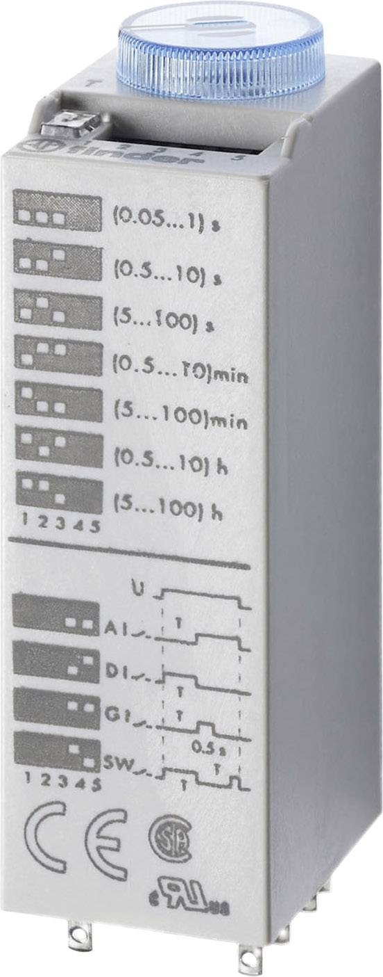 Un relais temporel électronique doté d'un bouton de réglage bleu et d'une échelle graduée pour des intervalles de temps allant de quelques secondes à plusieurs heures. Marquages pour différents réglages.