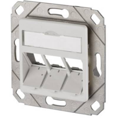 Un cadre de connexion réseau triple vide en plastique et en métal, conçu pour être encastré dans un mur, sans modules installés.