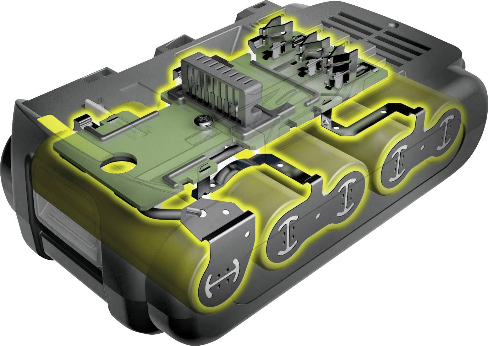 Coupe transversale d'un pack de batteries moderne montrant les cellules et les connexions électriques. Représentation de l'agencement interne et de la technologie.