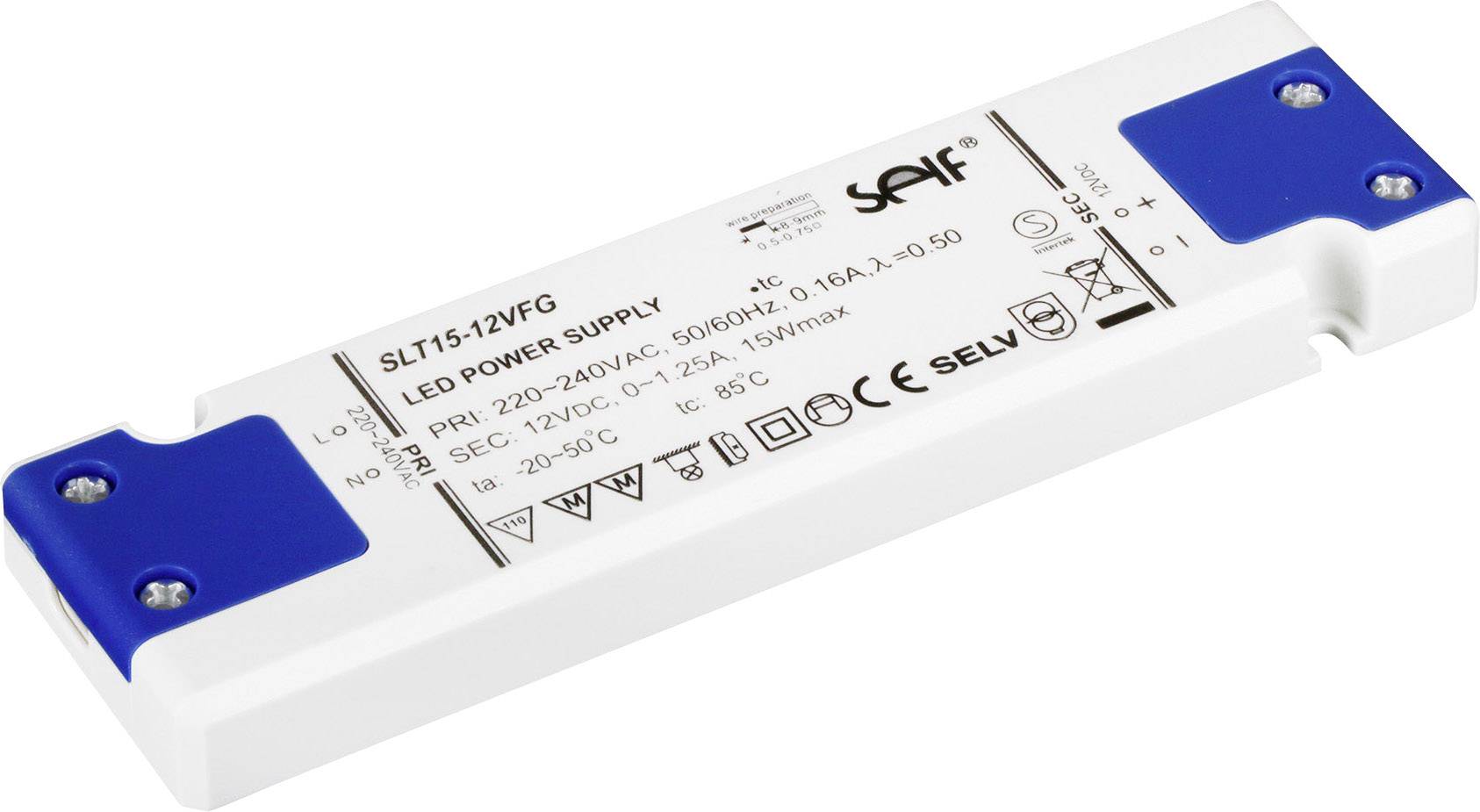 Self Electronics SLT15-12VFG Transformateur pour LED, Driver de LED à tension constante 15 W 1.25 A 12 V/DC montage sur des surfaces inflammables, non dimmable, protection contre les surcharges, surtention 1 pc(s)