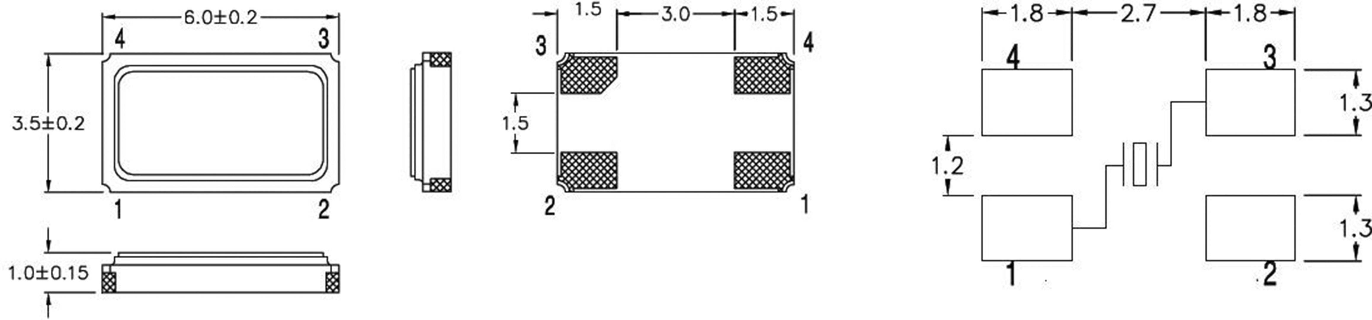 Dessin technique d'un composant avec vue de dessus, vue latérale et brochage. Les dimensions et positions des connexions sont indiquées.