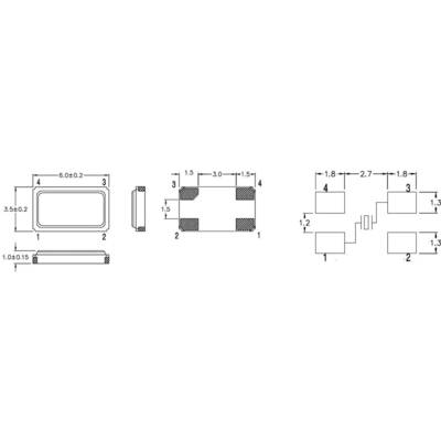Dessin technique d'un composant avec vue de dessus, vue latérale et brochage. Les dimensions et positions des connexions sont indiquées.