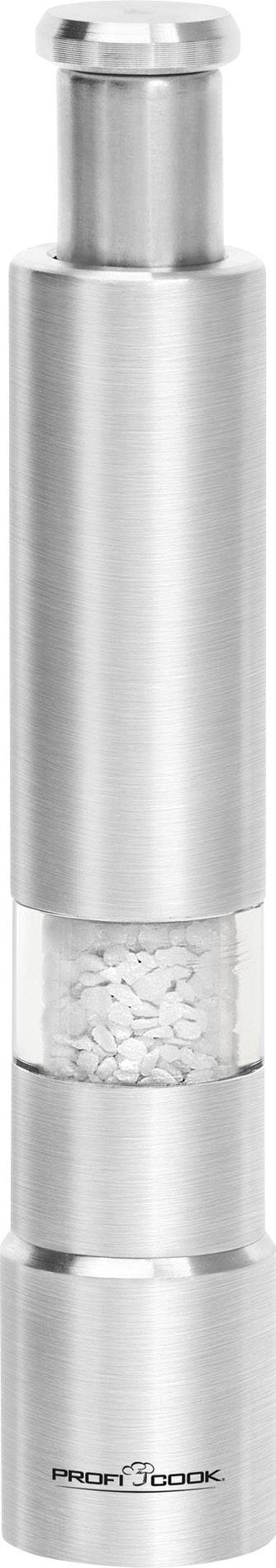 Un moulin à poivre cylindrique en argent avec une partie centrale transparente où les grains de poivre sont visibles. Il présente un design moderne.