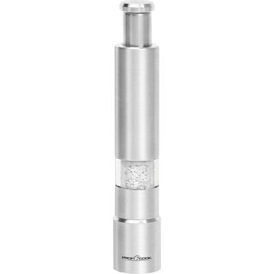 Un moulin à poivre cylindrique en argent avec une partie centrale transparente où les grains de poivre sont visibles. Il présente un design moderne.