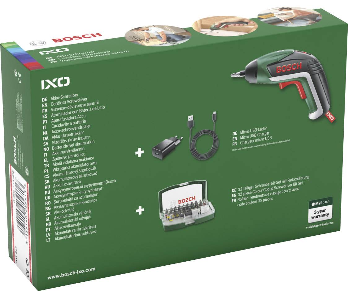 'Visseuse sans fil IXO de Bosch en vert et noir avec accessoires : chargeur USB, 32 embouts de vissage dans un boîtier de rangement, 3 ans de garantie.'