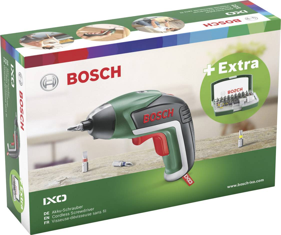 Un emballage d'un tournevis sans fil Bosch avec un ensemble d'accessoires. Sur le carton, le mot 'Extra' est inscrit à côté d'une illustration du set de tournevis.